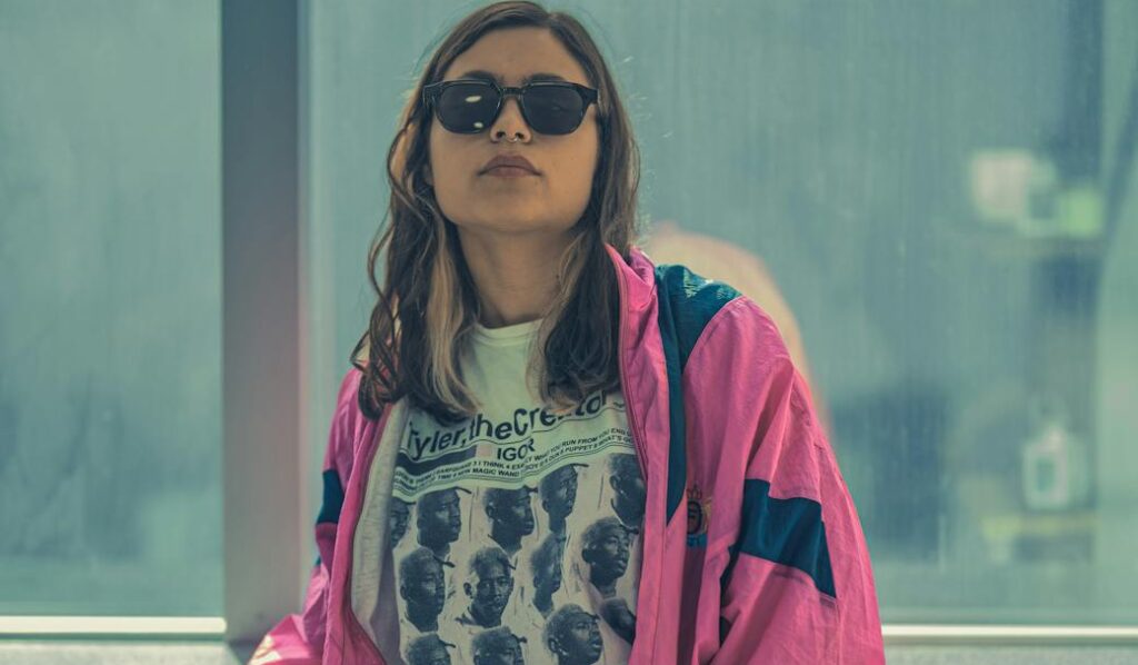 stylish woman in retro fashion indoors