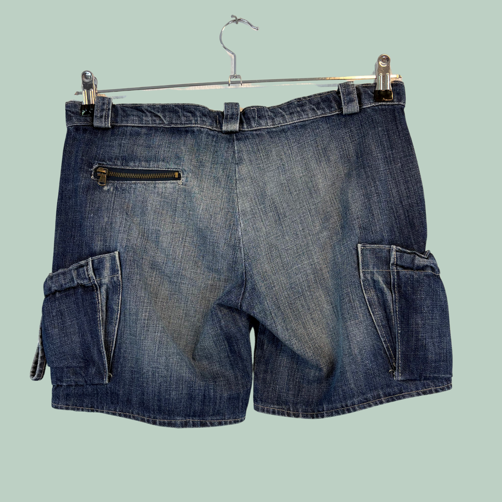 Vintage Y2K KyKey Starteam Denim Cargo Shorts – Str. S/M- Tilstand Rå Diamant