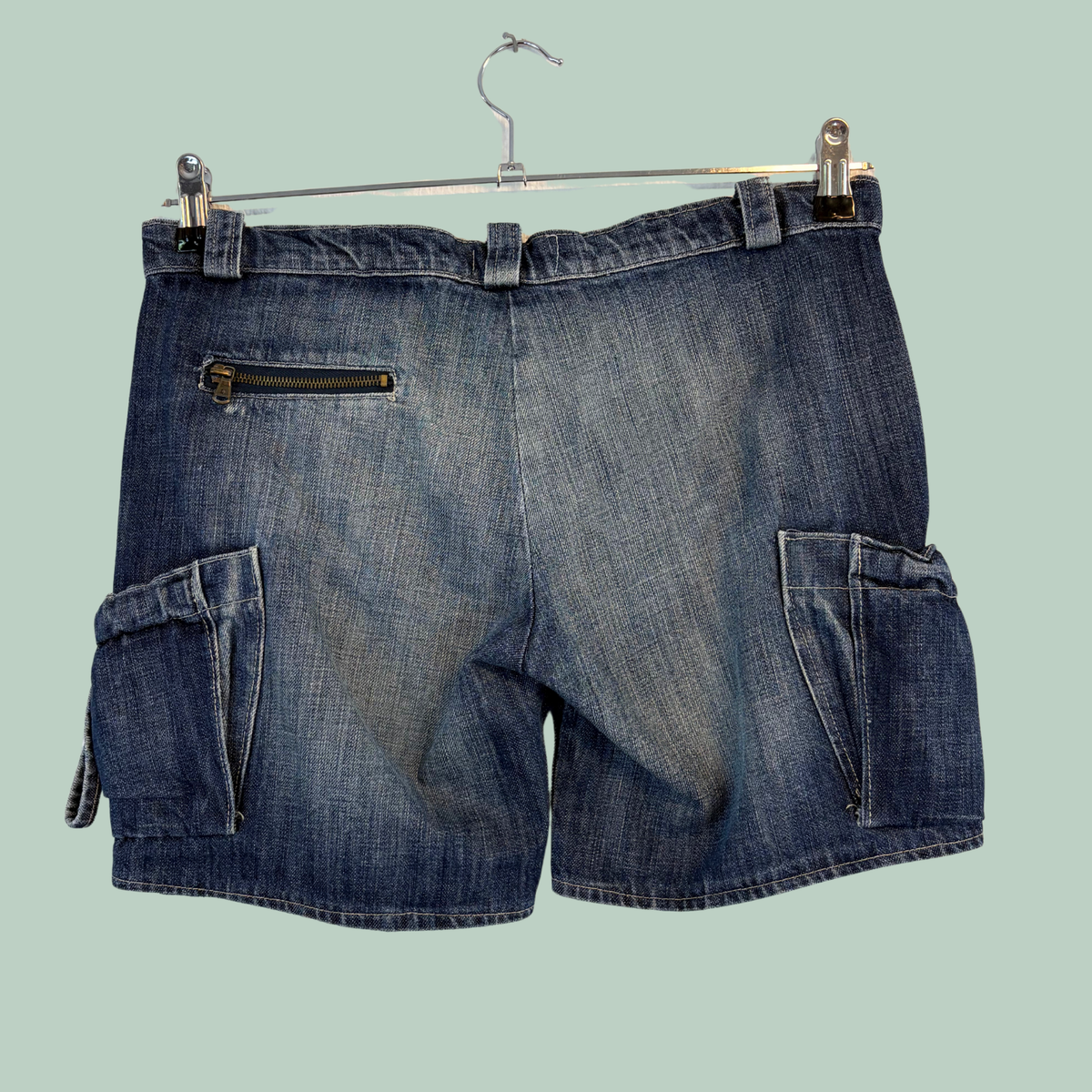 Vintage Y2K KyKey Starteam Denim Cargo Shorts – Str. S/M- Tilstand Rå Diamant