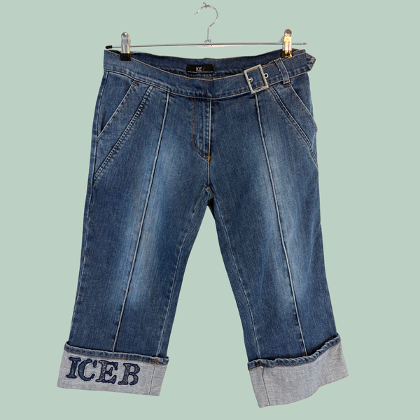 2000'erne Vintage ICE B by Iceberg Denim Capri Shorts (Made in Italy) – Y2K Luksus- Tilstand Rå Diamant