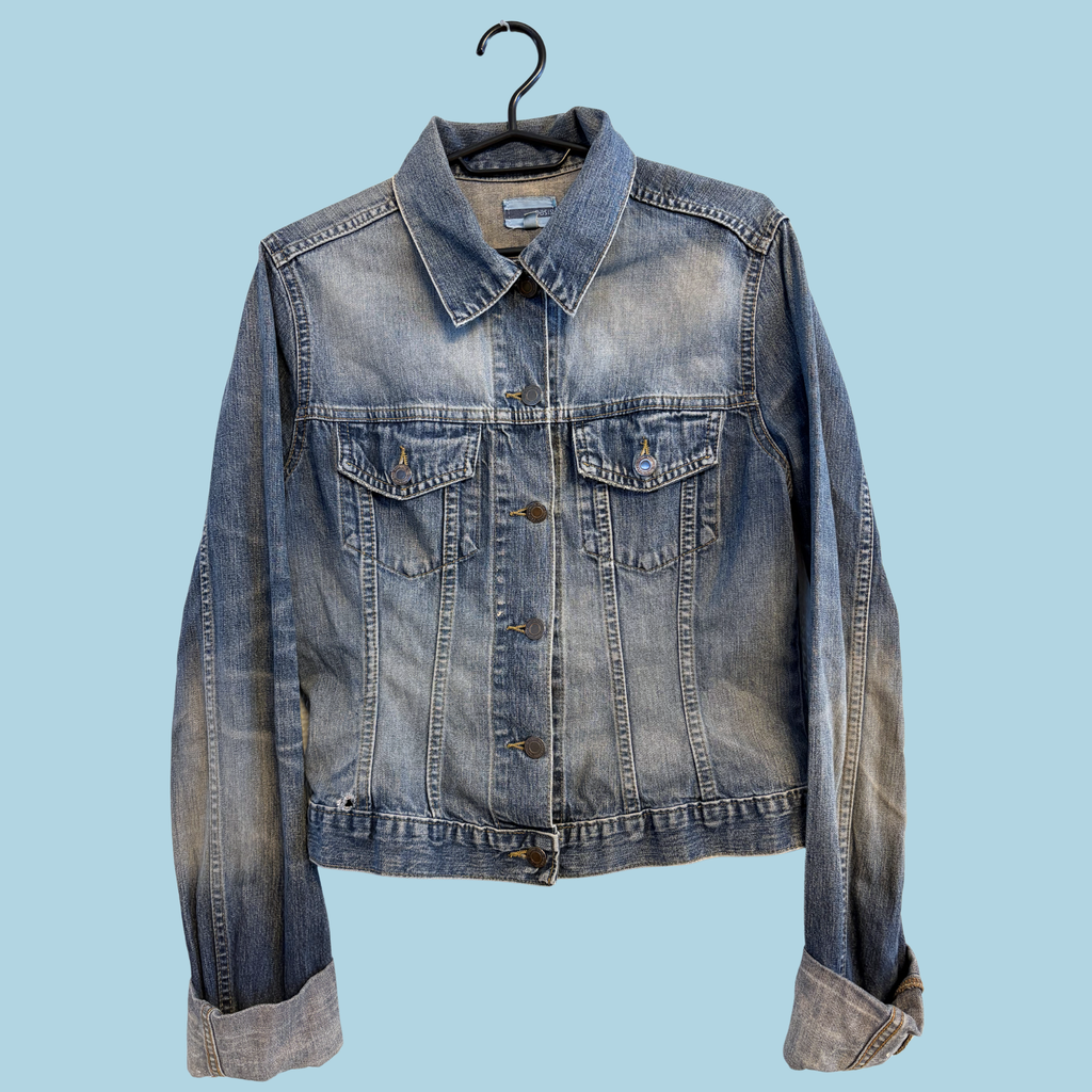 1990'erne Klassisk Vintage Oasis Cowboyjakke med Patineret Indigo-Vask- Tilstand Vintage Sølvskat