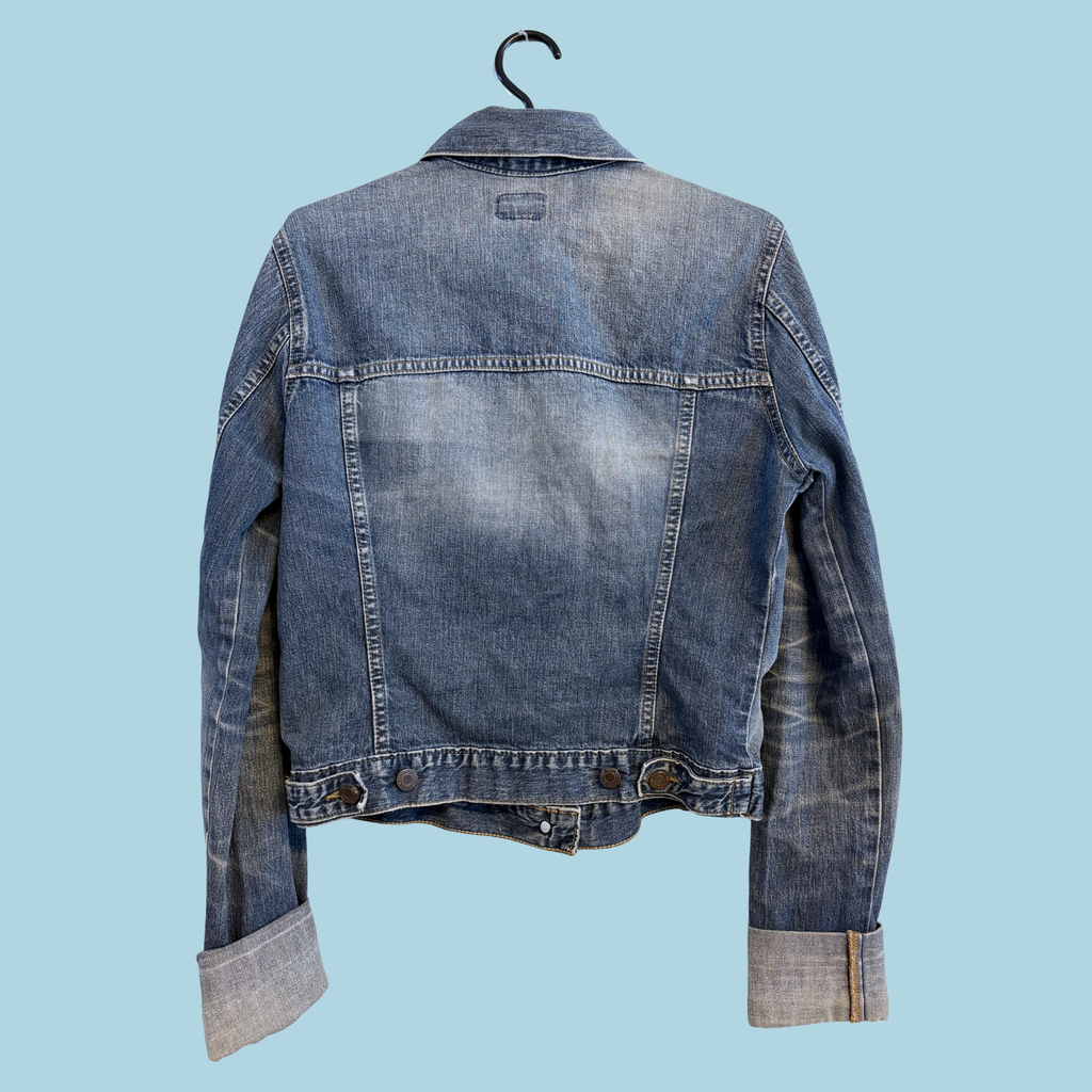 1990'erne Klassisk Vintage Oasis Cowboyjakke med Patineret Indigo-Vask- Tilstand Vintage Sølvskat