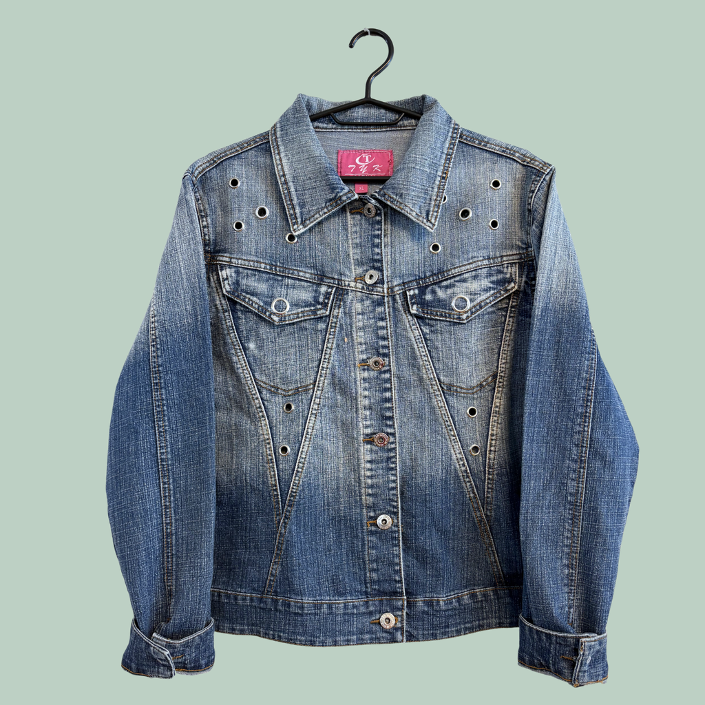 2000'erne, Vintage CT TYK Casual Grommet Denim Jacket, Ombre Blå, Tilstand- Rå Diamant