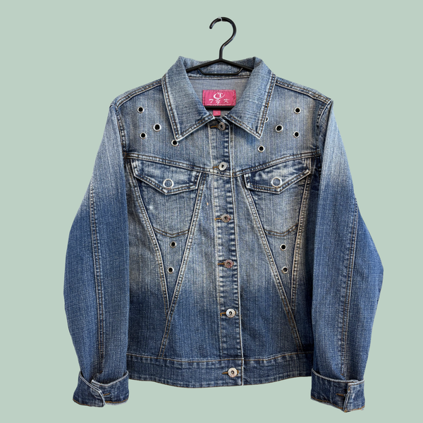 2000'erne, Vintage CT TYK Casual Grommet Denim Jacket, Ombre Blå, Tilstand- Rå Diamant