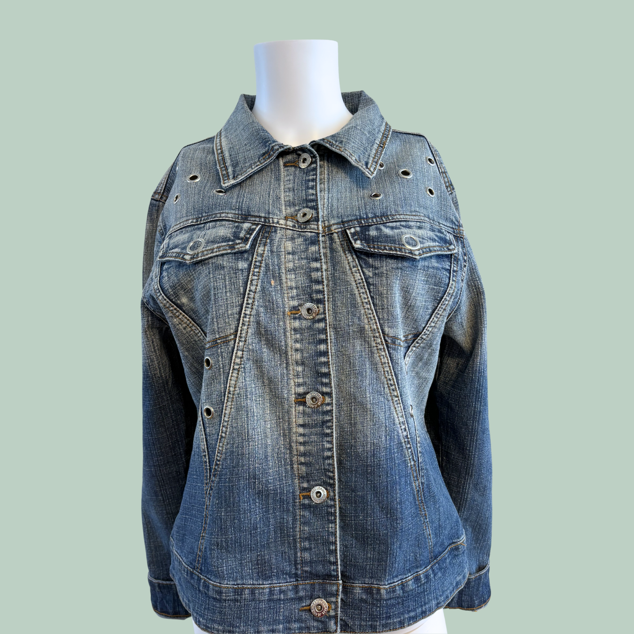 2000'erne, Vintage CT TYK Casual Grommet Denim Jacket, Ombre Blå, Tilstand- Rå Diamant