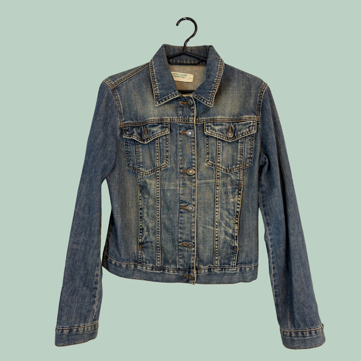 1990’erne, Vintage United Colors of Benetton Denim Jakke i 100% Bomuld – Mellemblå Vask, Tilstand Rå Diamant