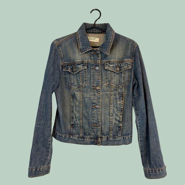 1990’erne, Vintage United Colors of Benetton Denim Jakke i 100% Bomuld – Mellemblå Vask, Tilstand Rå Diamant