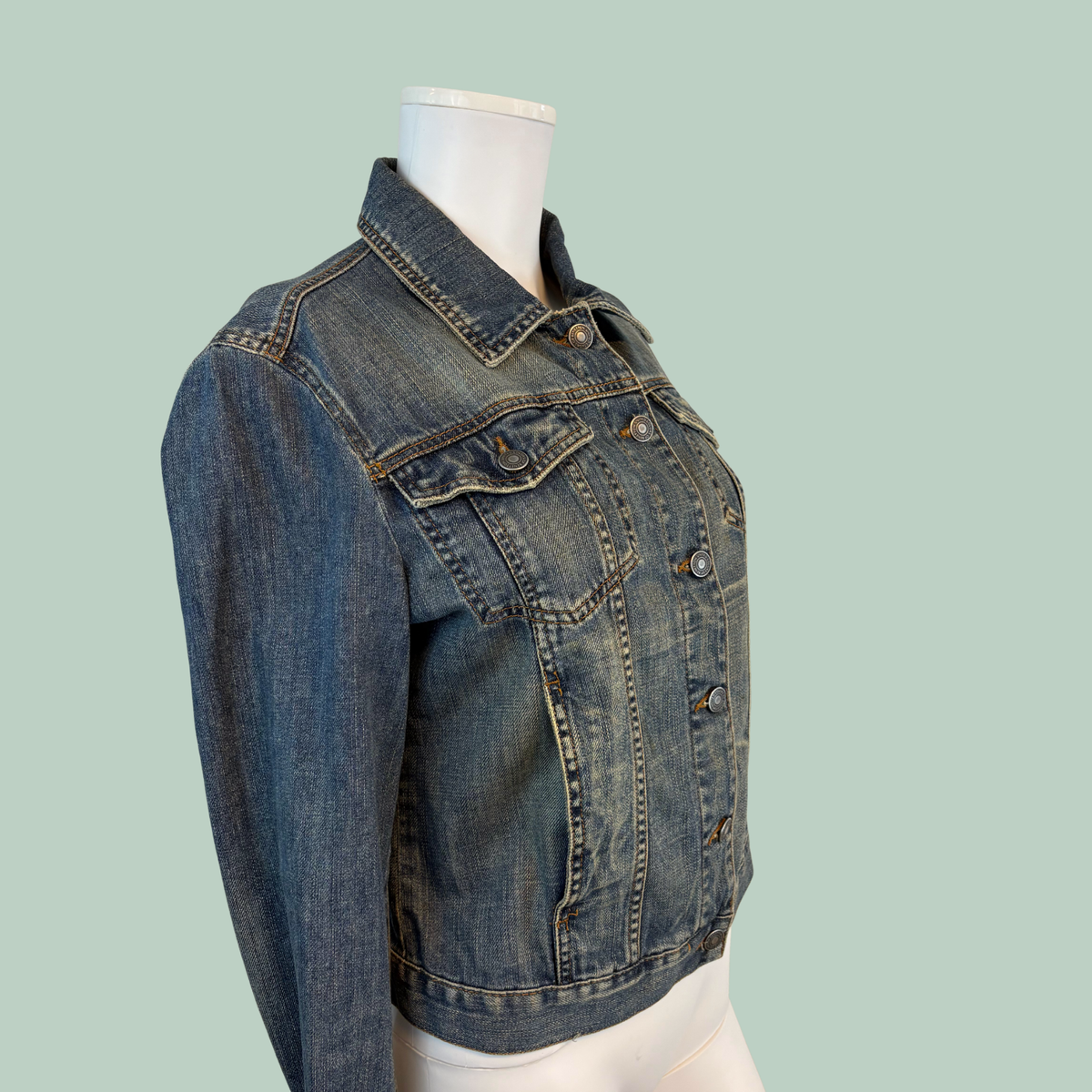 1990’erne, Vintage United Colors of Benetton Denim Jakke i 100% Bomuld – Mellemblå Vask, Tilstand Rå Diamant
