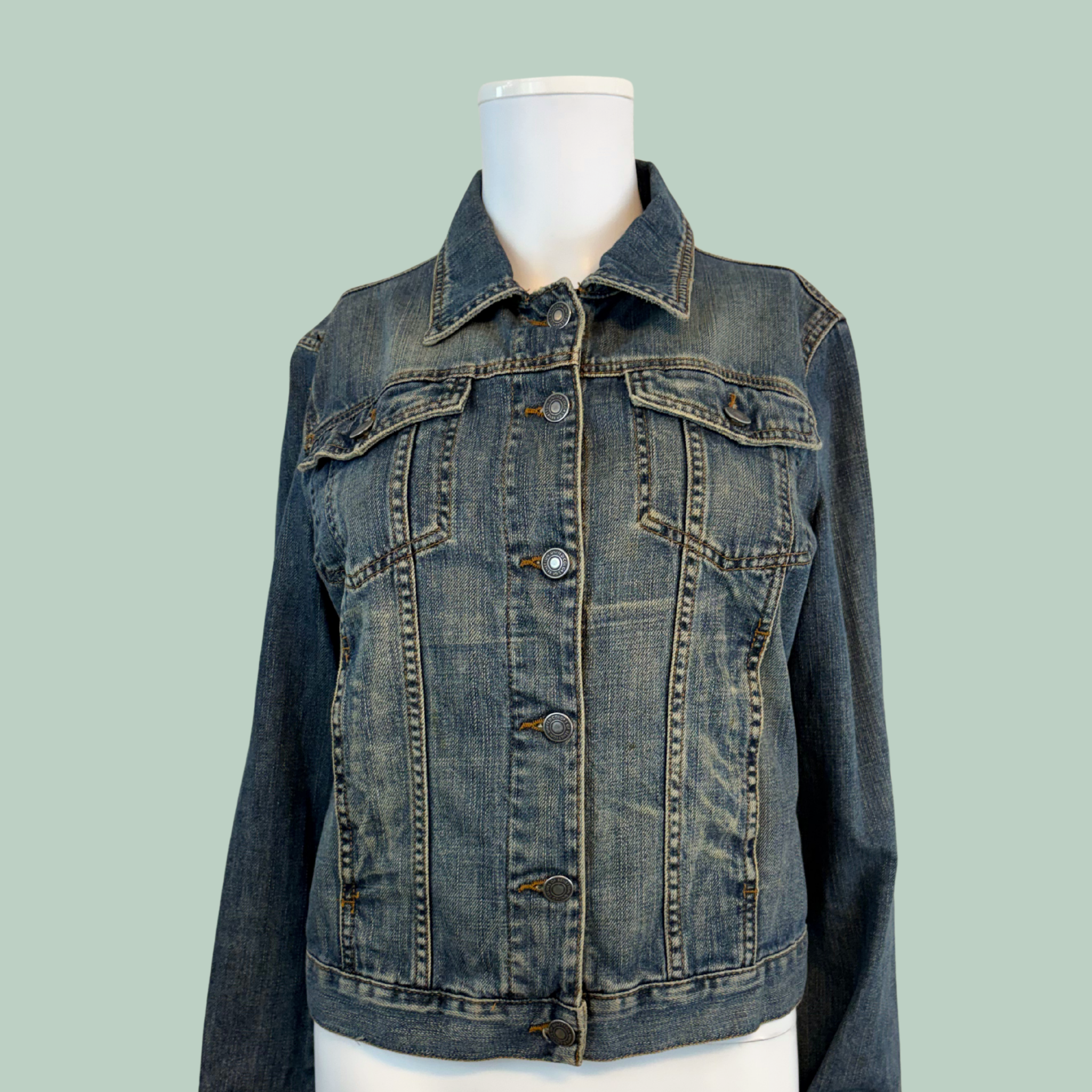 1990’erne, Vintage United Colors of Benetton Denim Jakke i 100% Bomuld – Mellemblå Vask, Tilstand Rå Diamant
