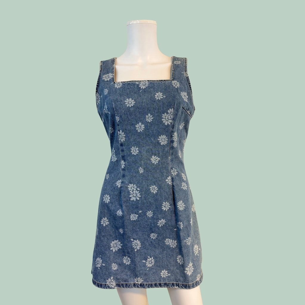 1991'erne, Vintage 90'er Paris Blues Daisy Denim Mini-Kjole (Made in USA) – Str. S - tilstand Hello Vintage Rå Diamant