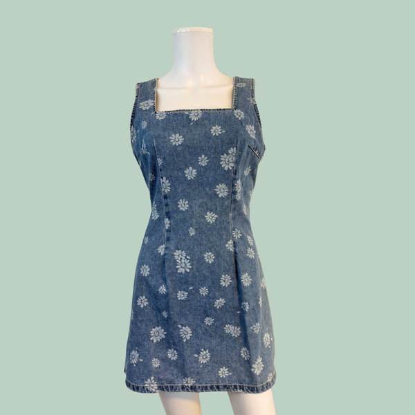 1991'erne, Vintage 90'er Paris Blues Daisy Denim Mini-Kjole (Made in USA) – Str. S - tilstand Hello Vintage Rå Diamant