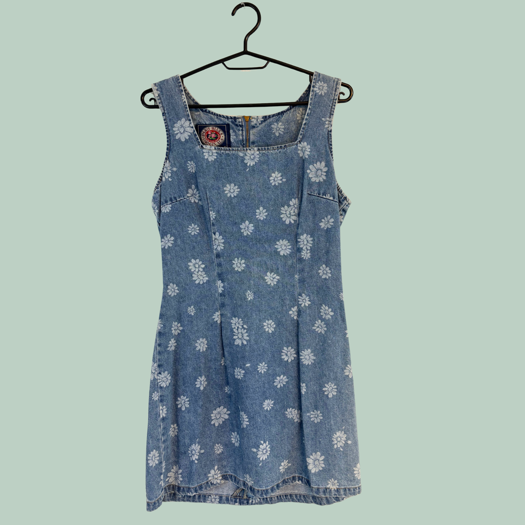 1991'erne, Vintage 90'er Paris Blues Daisy Denim Mini-Kjole (Made in USA) – Str. S - tilstand Hello Vintage Rå Diamant