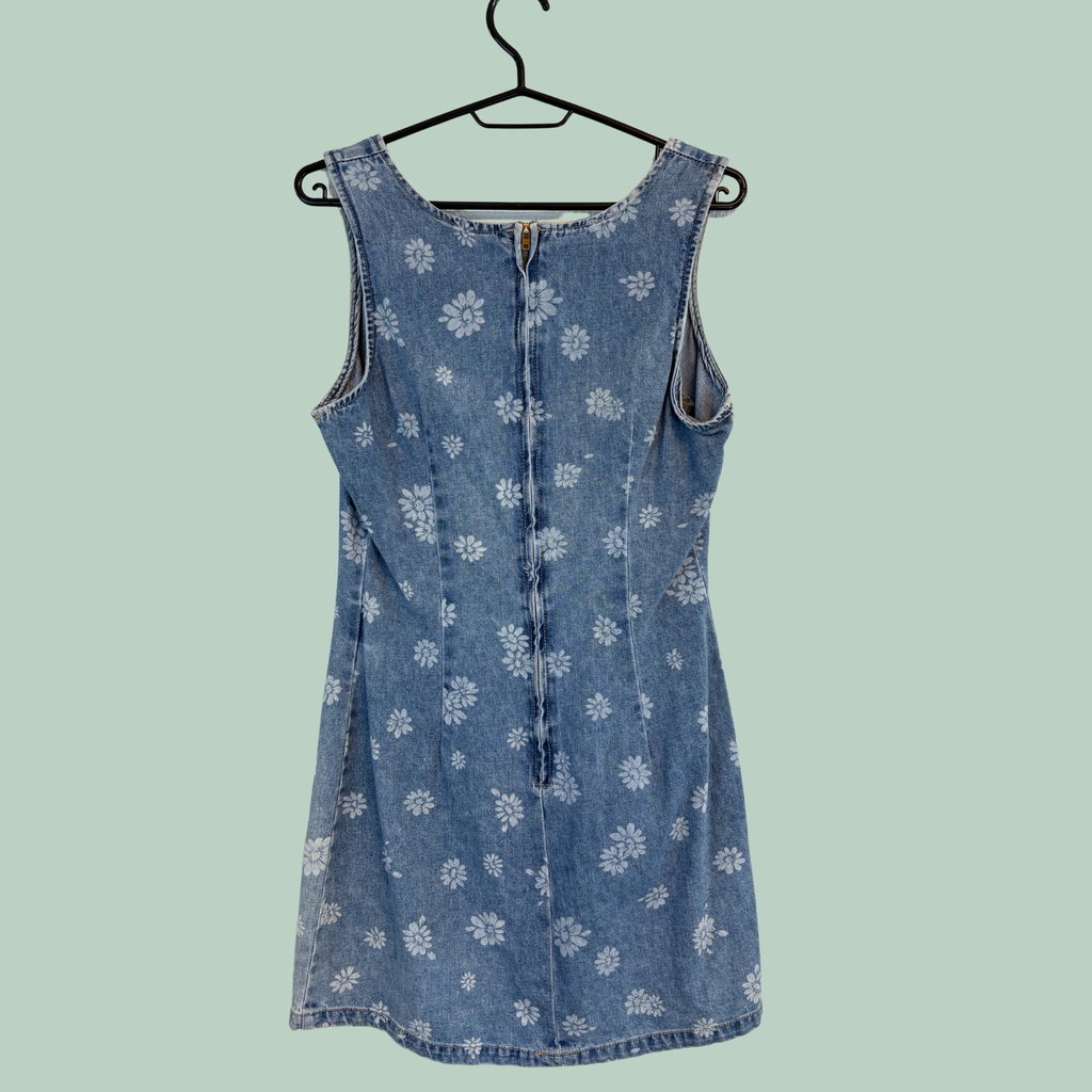 1991'erne, Vintage 90'er Paris Blues Daisy Denim Mini-Kjole (Made in USA) – Str. S - tilstand Hello Vintage Rå Diamant