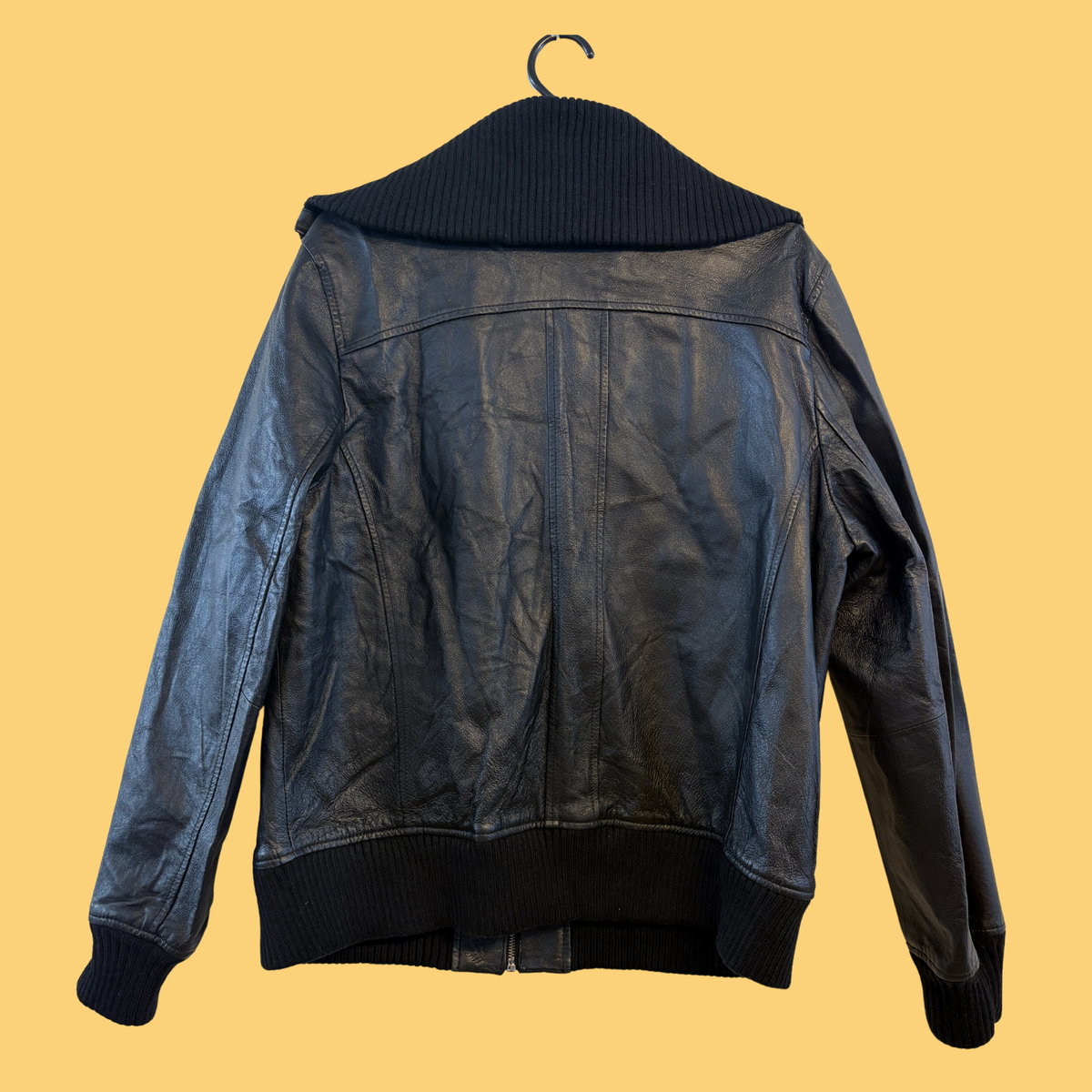2000s Sort Læder Bomber Jakke (Vintage Guld)