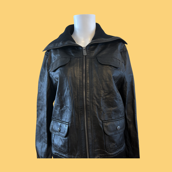 2000s Sort Læder Bomber Jakke (Vintage Guld)
