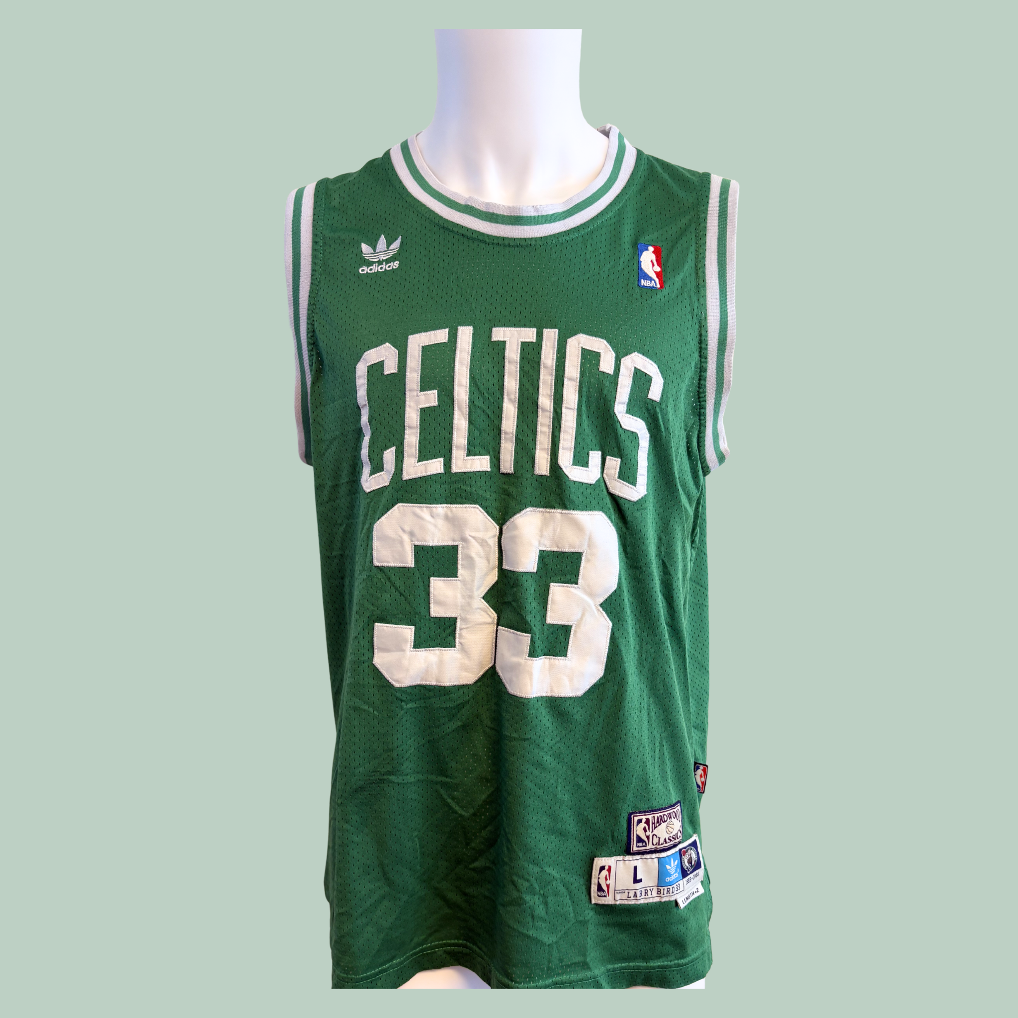 1985-1986 Officiel NBA Boston Celtics Larry Bird Retro Jersey fra Adidas, Hello Vintage Rå Diamant