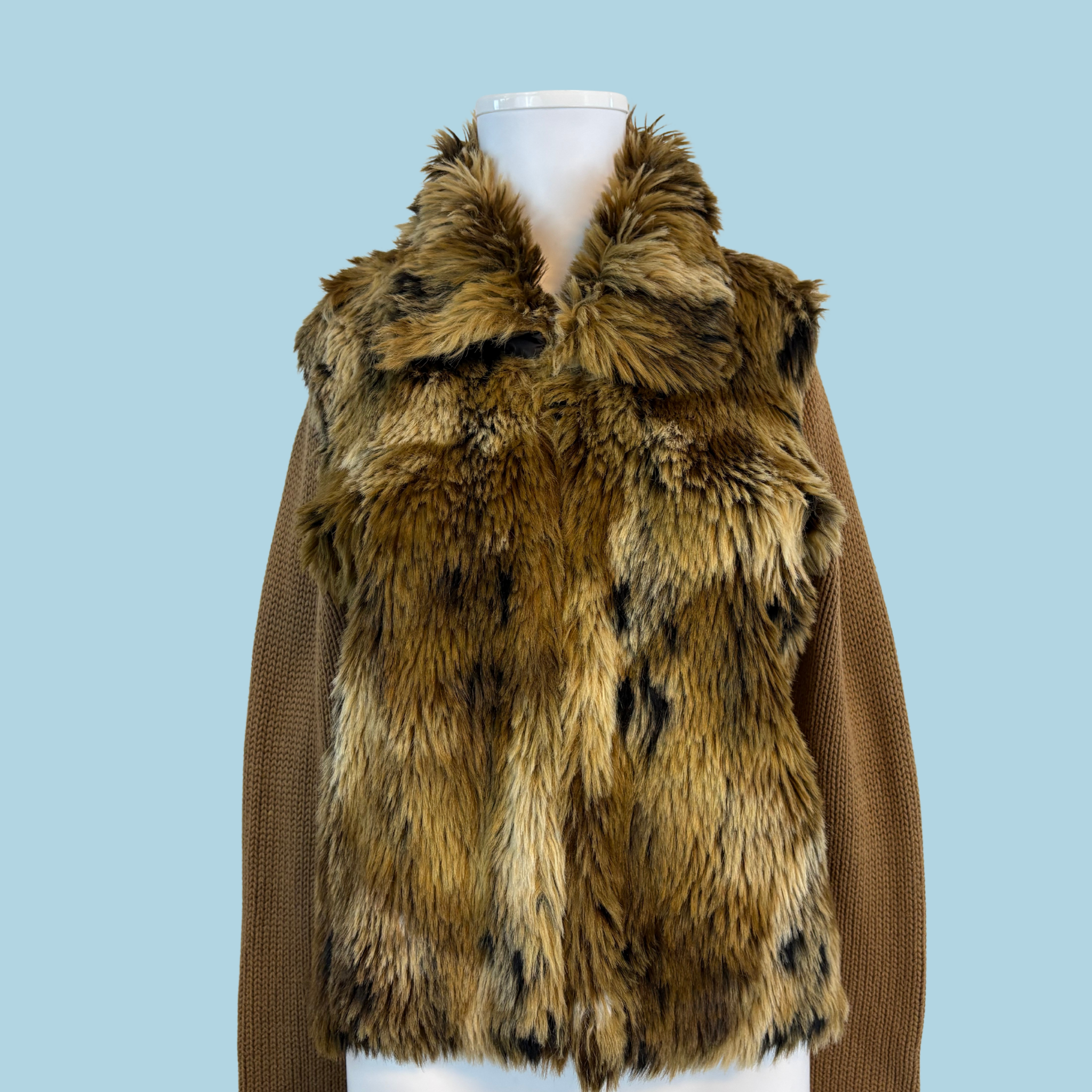 Vintage Y2K Brun Strikcardigan m. Imiteret Pelsfront & Skjulte Hægter- Tilstand Vintage Sølvskat