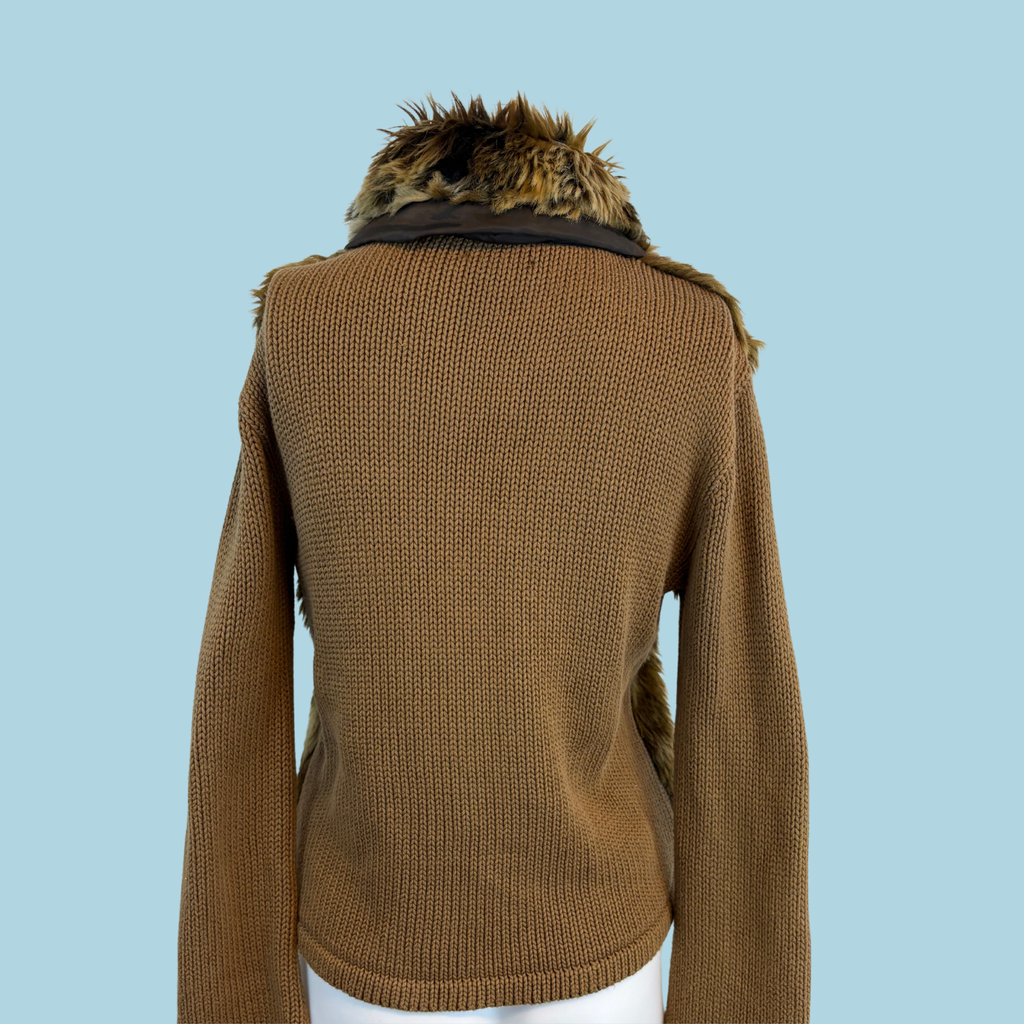 Vintage Y2K Brun Strikcardigan m. Imiteret Pelsfront & Skjulte Hægter- Tilstand Vintage Sølvskat
