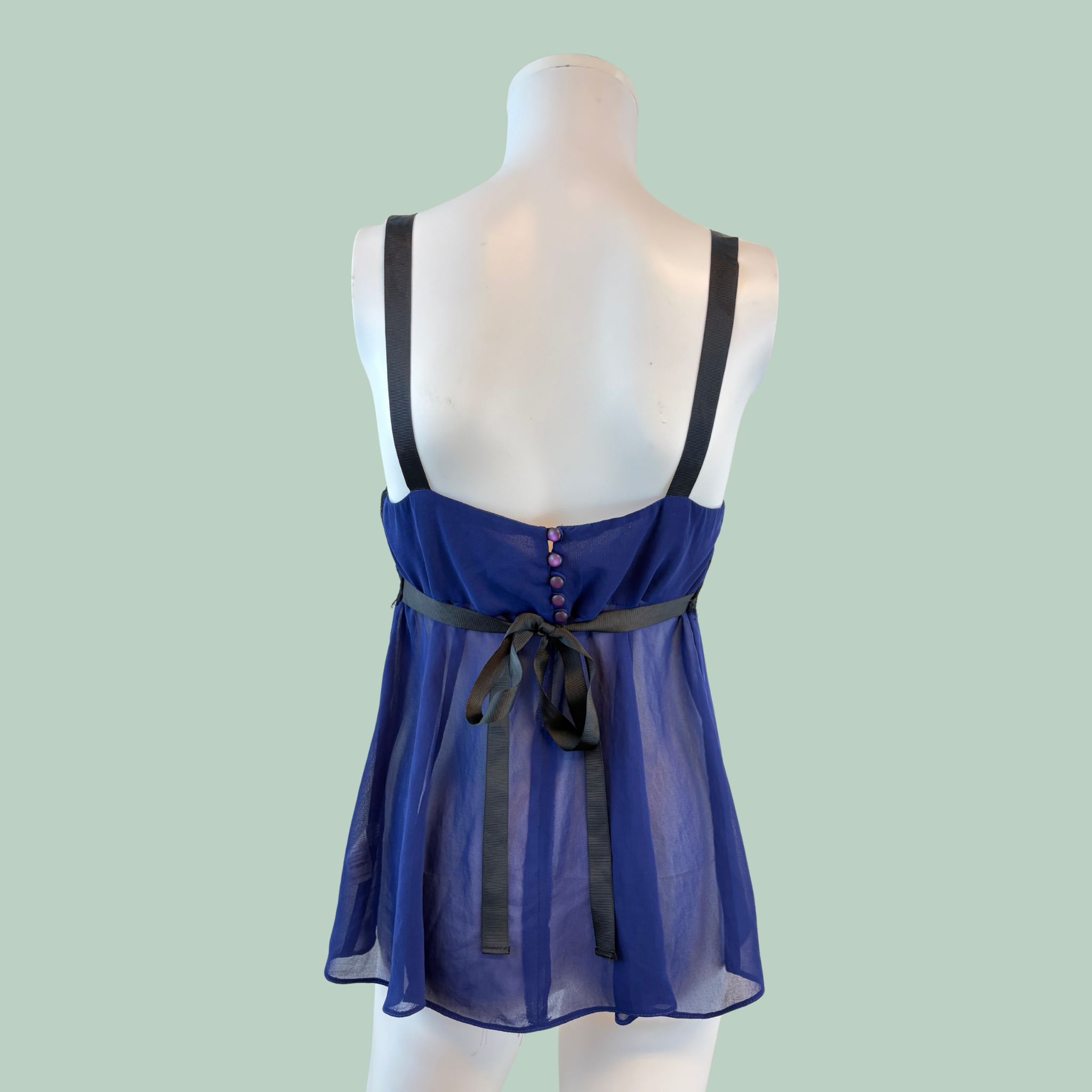 2010'erne Vintage Topshop Dybblå Chiffon Top m. Sort Blonde front & Grosgrain Bånd (Str. 38/M)- Tilstand Vintage Rå Diamant