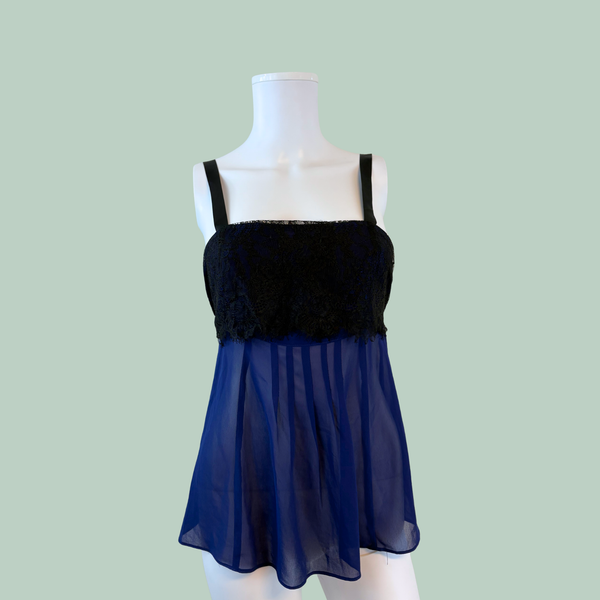2010'erne Vintage Topshop Dybblå Chiffon Top m. Sort Blonde front & Grosgrain Bånd (Str. 38/M)- Tilstand Vintage Rå Diamant