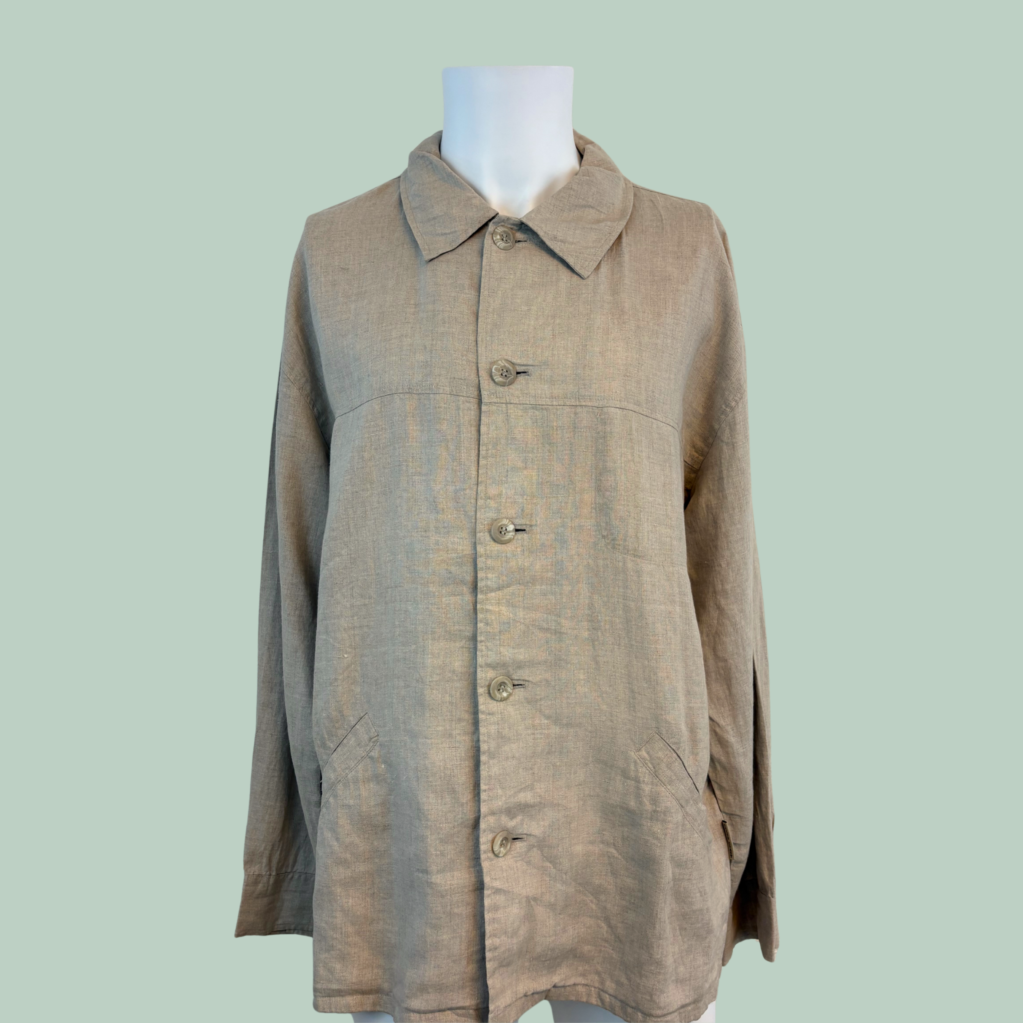2000’erne Green Coast "Natural Wear" Overshirt i 100% Hør – Beige (Str. 50, svarer til M/L)- Tilstand Vintage Rå Diamant