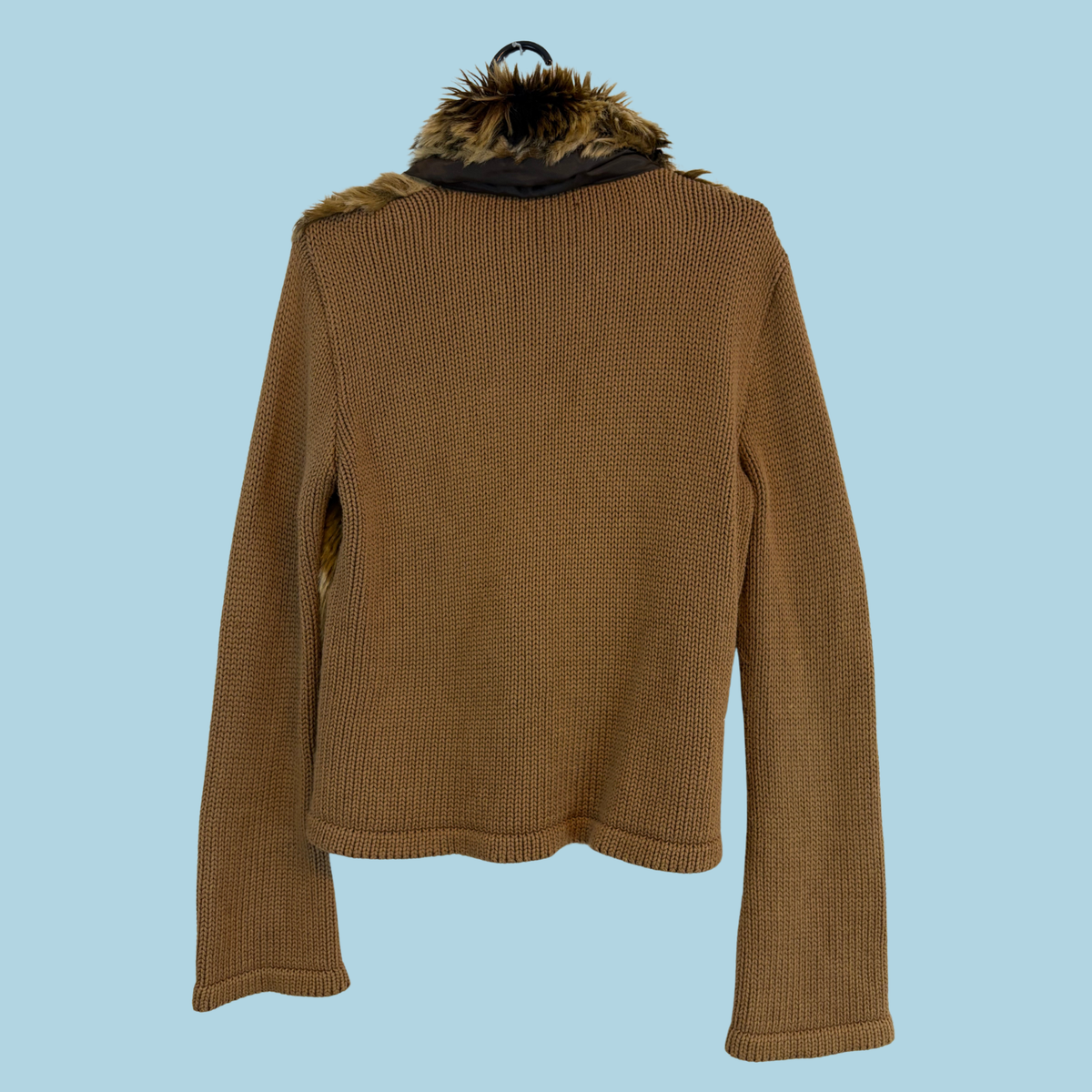 Vintage Y2K Brun Strikcardigan m. Imiteret Pelsfront & Skjulte Hægter- Tilstand Vintage Sølvskat