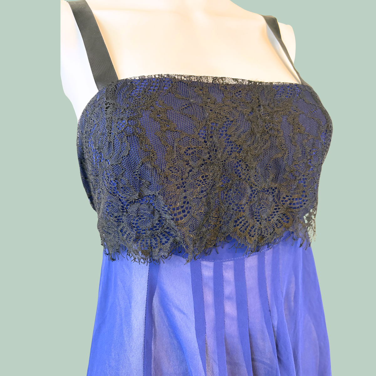 2010'erne Vintage Topshop Dybblå Chiffon Top m. Sort Blonde front & Grosgrain Bånd (Str. 38/M)- Tilstand Vintage Rå Diamant