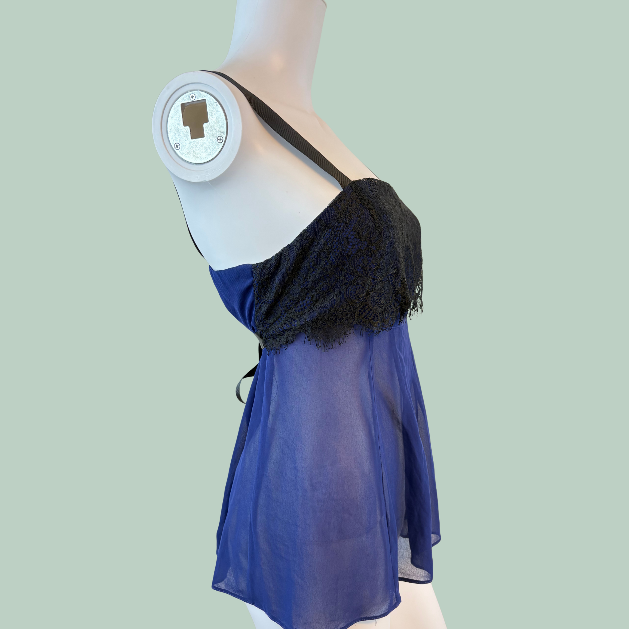 2010'erne Vintage Topshop Dybblå Chiffon Top m. Sort Blonde front & Grosgrain Bånd (Str. 38/M)- Tilstand Vintage Rå Diamant
